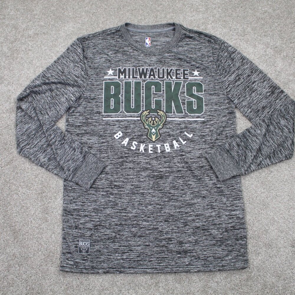 Milwaukee Bucks Shirt Mens‎ Medium Gray NBA Unk Graphic Polyester Long Sleeve